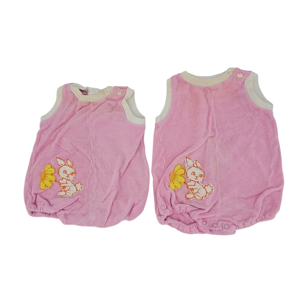 Vintage 70's Pastel Pink & Bunny Terry Cloth Bubbler Romper Twin Girls 9 mo 4029